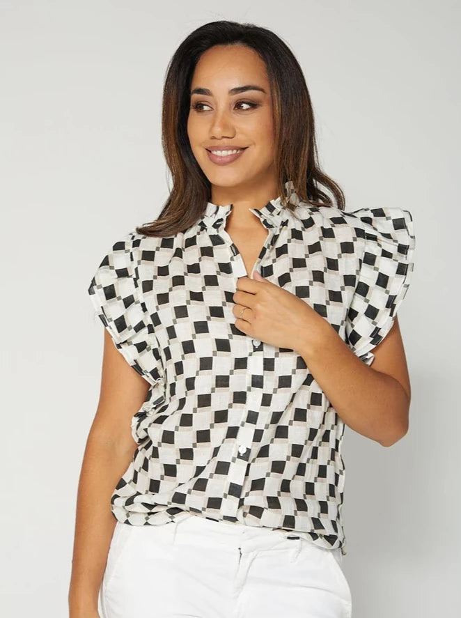 Tulip Top - Black Abstract Checks