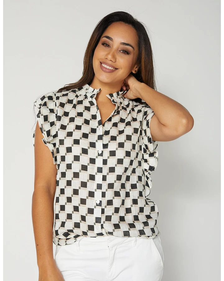 Tulip Top - Black Abstract Checks