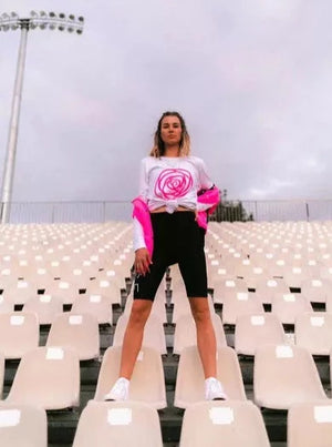 HARPER LS TEE - White with Neon Pink Rose