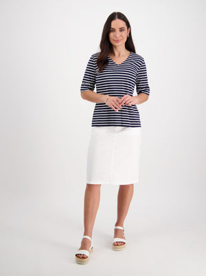 V Neck Top - Navy/White Stripe