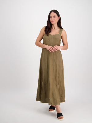 Sleeveless Dress with Wide Straps - Khaki