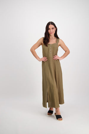 Sleeveless Dress with Wide Straps - Khaki